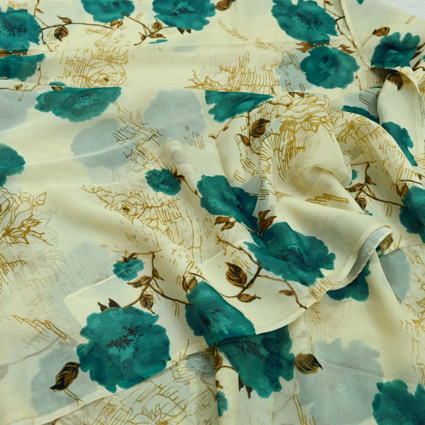 Indian Vintage Sari Green & Ivory Pure Chiffon Silk Printed Sarees 5Yd Craft Fabric Sewing Soft Light Sari Dress Making Upcycle Quilting