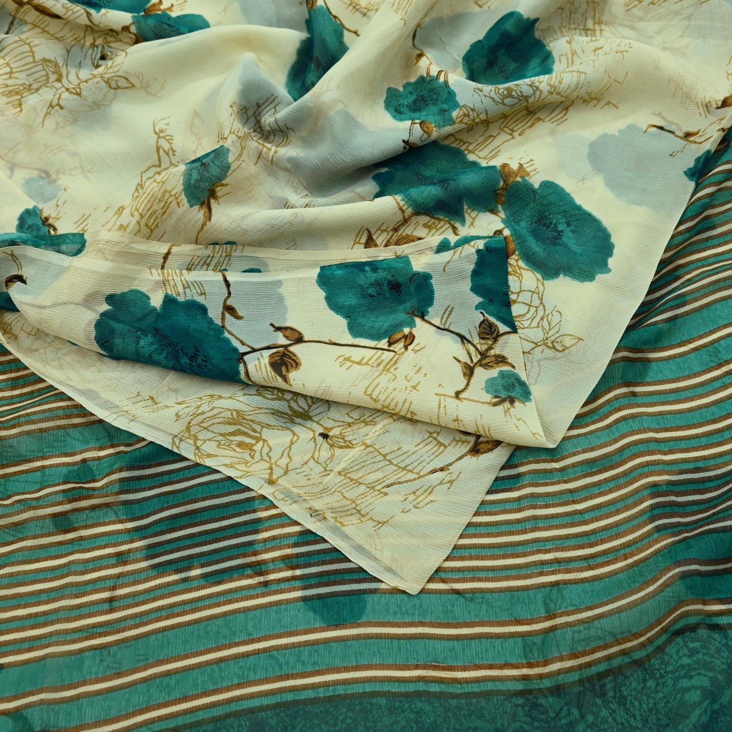 Indian Vintage Sari Green & Ivory Pure Chiffon Silk Printed Sarees 5Yd Craft Fabric Sewing Soft Light Sari Dress Making Upcycle Quilting