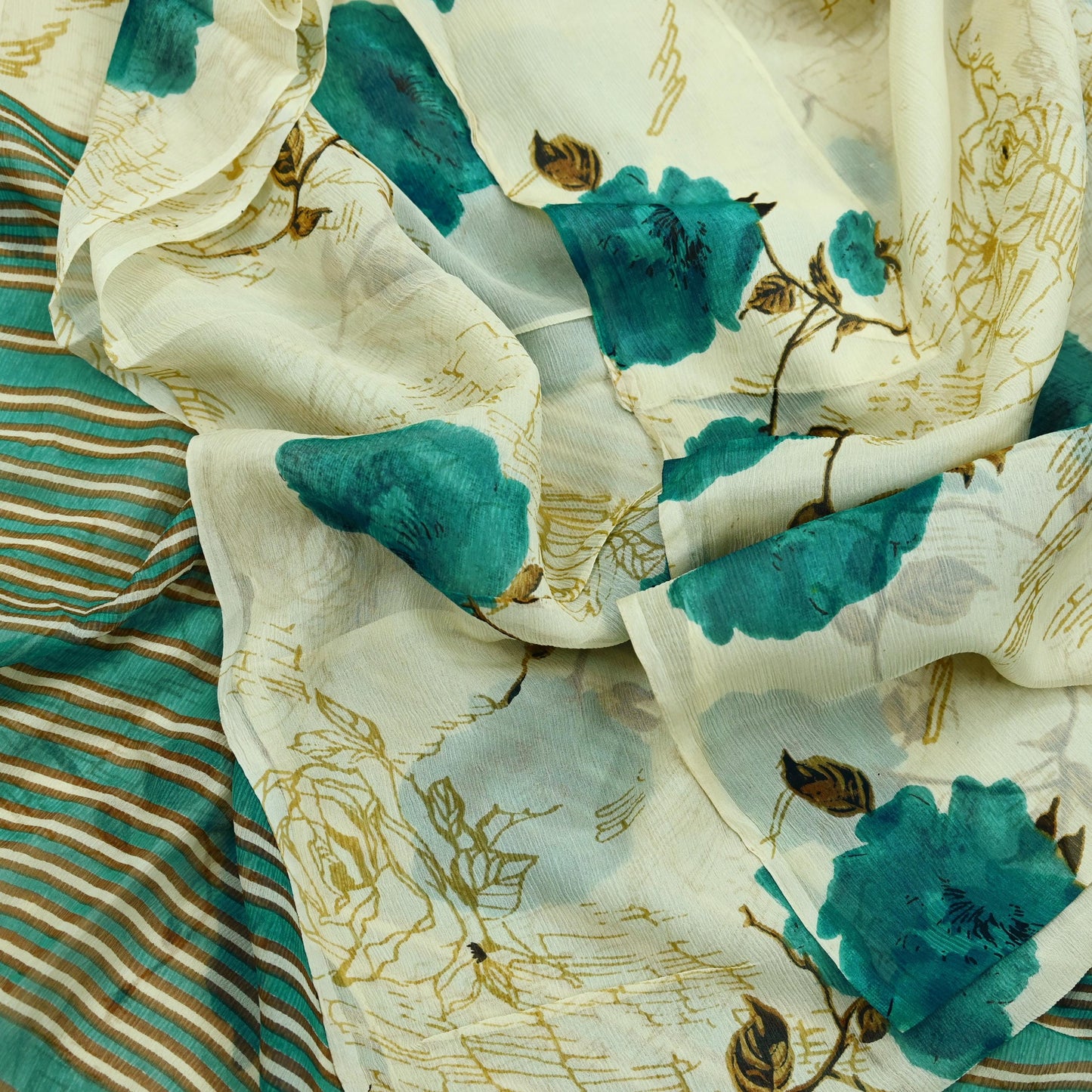 Indian Vintage Sari Green & Ivory Pure Chiffon Silk Printed Sarees 5Yd Craft Fabric Sewing Soft Light Sari Dress Making Upcycle Quilting
