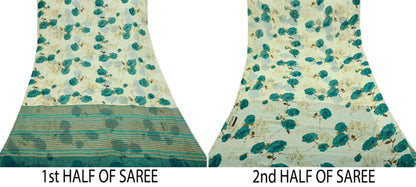 Indian Vintage Sari Green & Ivory Pure Chiffon Silk Printed Sarees 5Yd Craft Fabric Sewing Soft Light Sari Dress Making Upcycle Quilting