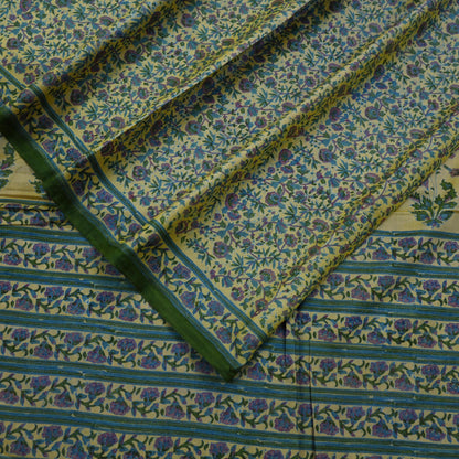 Indian Vintage Sari Beige 100% Pure Silk Block Printed Sarees Craft Fabric 5yd Sewing Dress Making Soft Floral Crafting Quilting