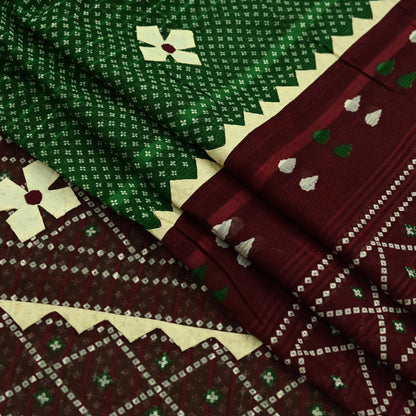 Indian Vintage Green & Maroon Saree Printed Pure Cotton Sari Craft Fabric 5Yd Soft Sewing Sarong Wrap Boho Floral Dress making Crafting