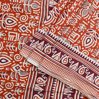 Indian Vintage Sari Orange Printed 100% Pure Cotton Sarees Craft Fabric Soft 5Yd Sewing Sarong Wrap Boho Dress making Quilting Crafting