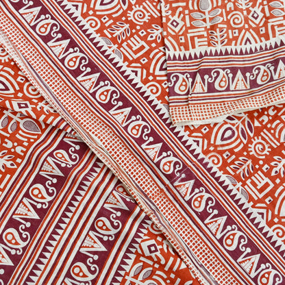 Indian Vintage Sari Orange Printed 100% Pure Cotton Sarees Craft Fabric Soft 5Yd Sewing Sarong Wrap Boho Dress making Quilting Crafting