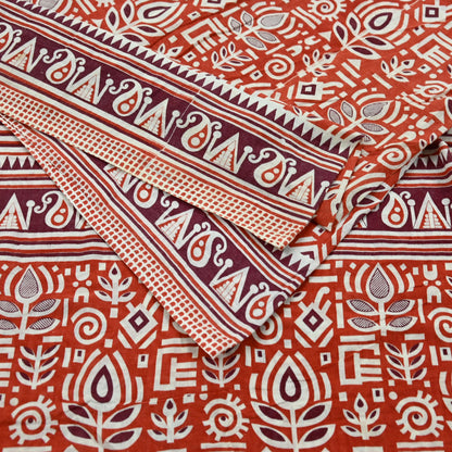 Indian Vintage Sari Orange Printed 100% Pure Cotton Sarees Craft Fabric Soft 5Yd Sewing Sarong Wrap Boho Dress making Quilting Crafting