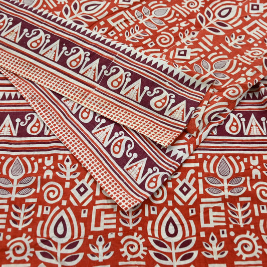 Indian Vintage Sari Orange Printed 100% Pure Cotton Sarees Craft Fabric Soft 5Yd Sewing Sarong Wrap Boho Dress making Quilting Crafting