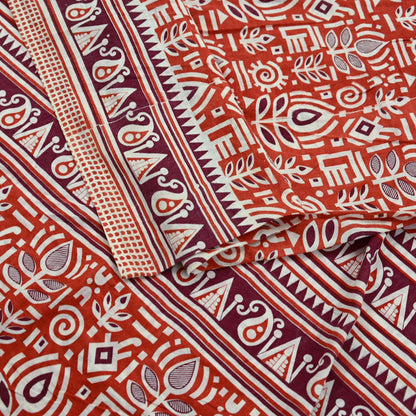 Indian Vintage Sari Orange Printed 100% Pure Cotton Sarees Craft Fabric Soft 5Yd Sewing Sarong Wrap Boho Dress making Quilting Crafting