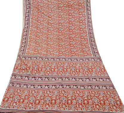 Indian Vintage Sari Orange Printed 100% Pure Cotton Sarees Craft Fabric Soft 5Yd Sewing Sarong Wrap Boho Dress making Quilting Crafting
