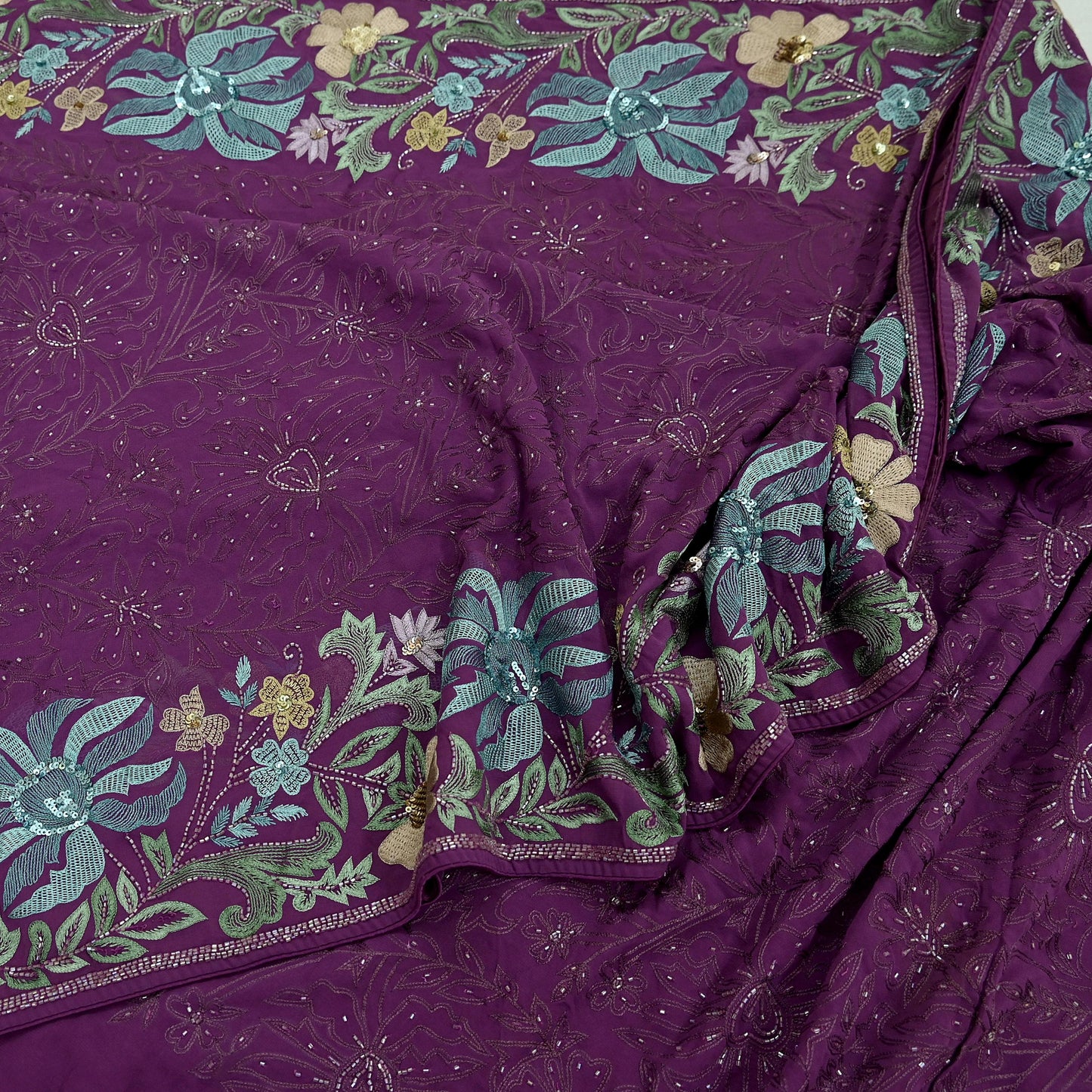 Indian Vintage Purple Saree Pure Georgette Silk Hand Beaded Sari Fabric 5Yd Sewing Soft Ethnic Dress making Crafting Bollywood Party Wear