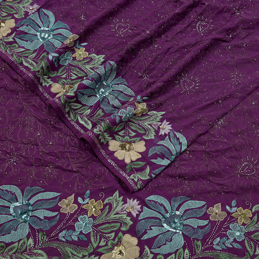 Indian Vintage Purple Saree Pure Georgette Silk Hand Beaded Sari Fabric 5Yd Sewing Soft Ethnic Dress making Crafting Bollywood Party Wear