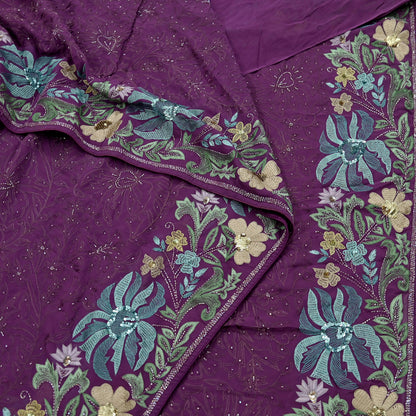 Indian Vintage Purple Saree Pure Georgette Silk Hand Beaded Sari Fabric 5Yd Sewing Soft Ethnic Dress making Crafting Bollywood Party Wear