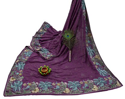Indian Vintage Purple Saree Pure Georgette Silk Hand Beaded Sari Fabric 5Yd Sewing Soft Ethnic Dress making Crafting Bollywood Party Wear