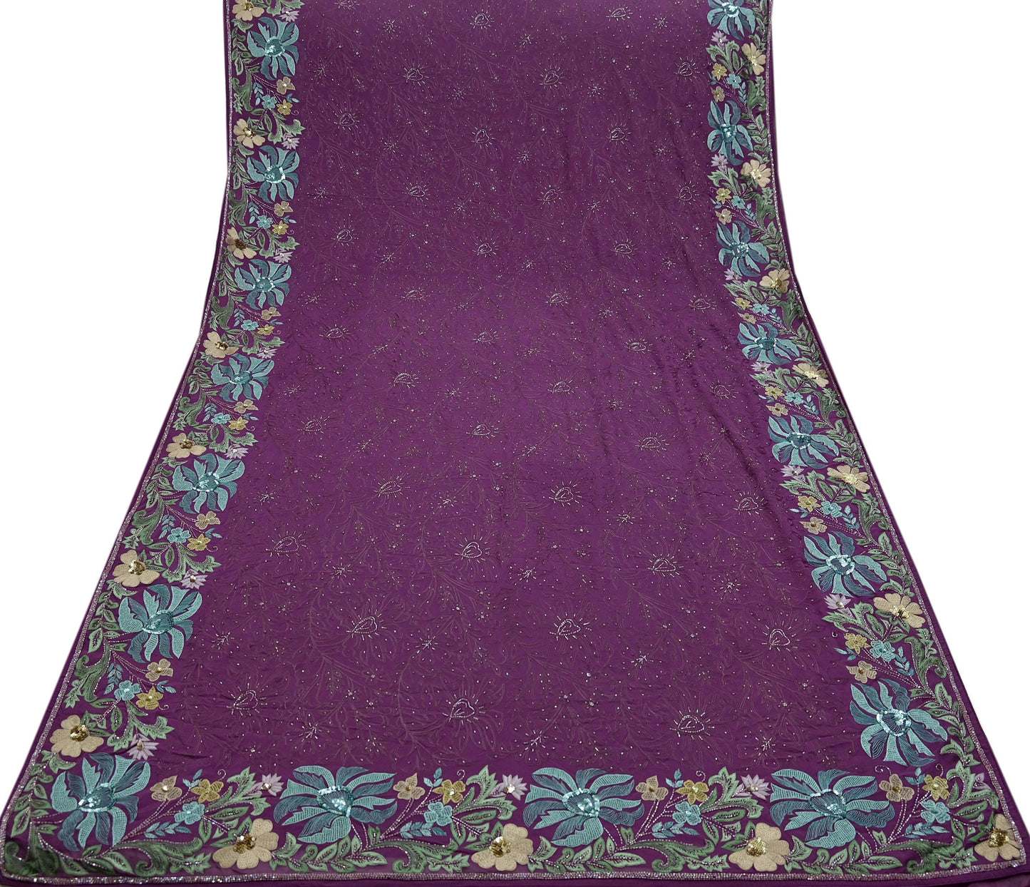 Indian Vintage Purple Saree Pure Georgette Silk Hand Beaded Sari Fabric 5Yd Sewing Soft Ethnic Dress making Crafting Bollywood Party Wear