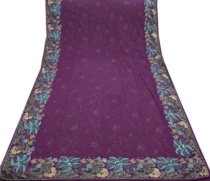 Indian Vintage Purple Saree Pure Georgette Silk Hand Beaded Sari Fabric 5Yd Sewing Soft Ethnic Dress making Crafting Bollywood Party Wear