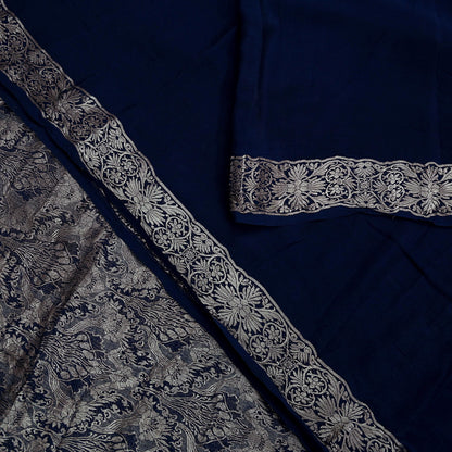 Indian Vintage Heavy Blue Saree Pure Georgette Silk Hand Woven Sari Craft Fabric 5Yd Sewing Soft Ethnic Zari Dress Making Wedding Sari