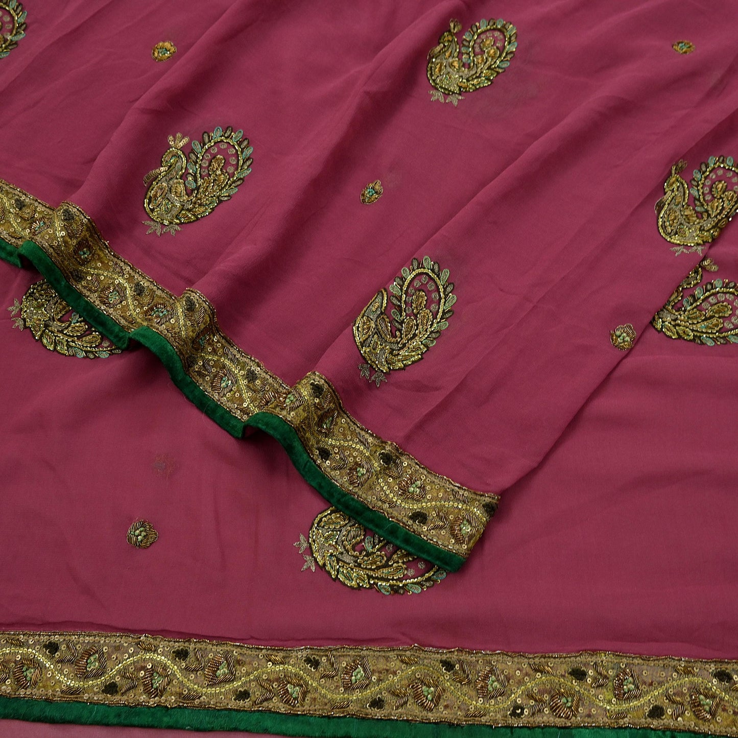 Indian Vintage Heavy Sarees Pink Pure Georgette Silk Hand Embroidered Sari Fabric 5Yd Sewing Ethnic Zardozi/dabka zari Wedding sarees