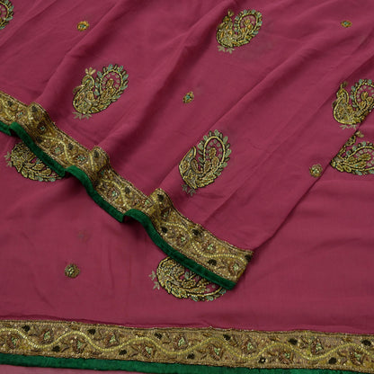 Indian Vintage Heavy Sarees Pink Pure Georgette Silk Hand Embroidered Sari Fabric 5Yd Sewing Ethnic Zardozi/dabka zari Wedding sarees