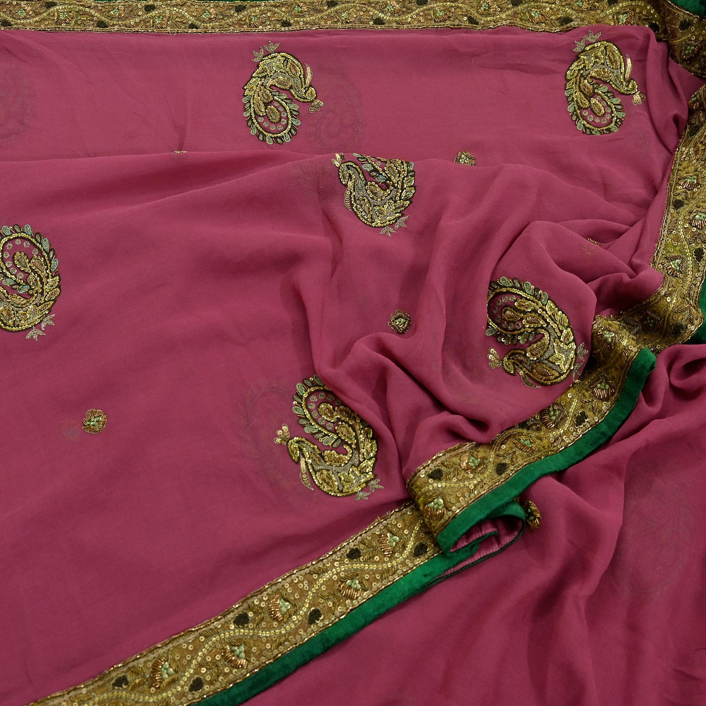Indian Vintage Heavy Sarees Pink Pure Georgette Silk Hand Embroidered Sari Fabric 5Yd Sewing Ethnic Zardozi/dabka zari Wedding sarees