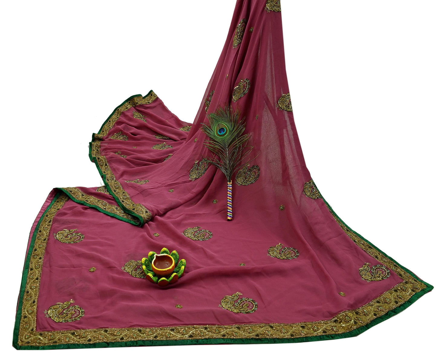Indian Vintage Heavy Sarees Pink Pure Georgette Silk Hand Embroidered Sari Fabric 5Yd Sewing Ethnic Zardozi/dabka zari Wedding sarees