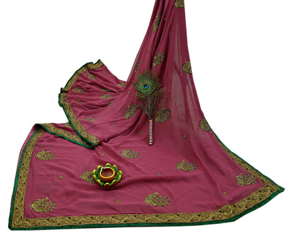 Indian Vintage Heavy Sarees Pink Pure Georgette Silk Hand Embroidered Sari Fabric 5Yd Sewing Ethnic Zardozi/dabka zari Wedding sarees