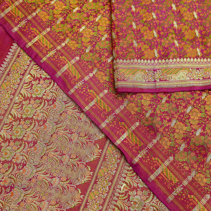 Indian Vintage Heavy Wedding Sari Pink Pure Satin Silk Woven Banarasi Tanchoi Sarees Zari 5Yd Ethnic Craft Fabric Upcycle Dress Making Used