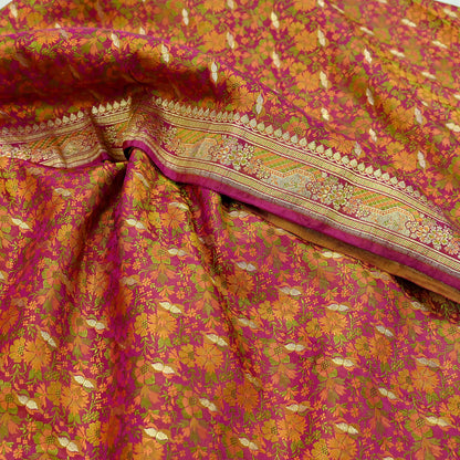 Indian Vintage Heavy Wedding Sari Pink Pure Satin Silk Woven Banarasi Tanchoi Sarees Zari 5Yd Ethnic Craft Fabric Upcycle Dress Making Used