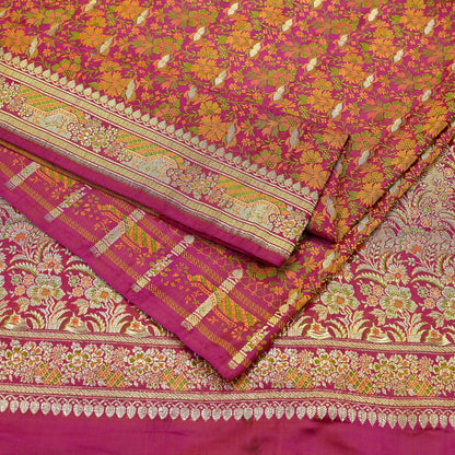 Indian Vintage Heavy Wedding Sari Pink Pure Satin Silk Woven Banarasi Tanchoi Sarees Zari 5Yd Ethnic Craft Fabric Upcycle Dress Making Used