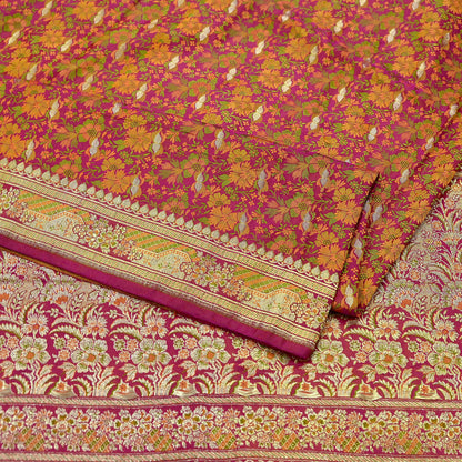 Indian Vintage Heavy Wedding Sari Pink Pure Satin Silk Woven Banarasi Tanchoi Sarees Zari 5Yd Ethnic Craft Fabric Upcycle Dress Making Used