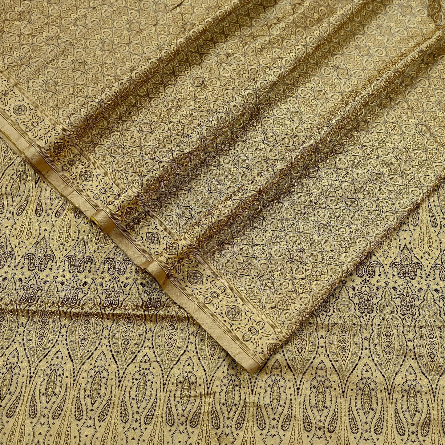Indian Vintage Sari Beige Heavy Pure Satin Silk Hand Woven Tanchoi Sarees Ethnic Wear 5Yd Paisley Craft Fabric Dress Making Crafting