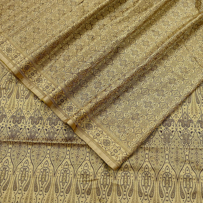 Indian Vintage Sari Beige Heavy Pure Satin Silk Hand Woven Tanchoi Sarees Ethnic Wear 5Yd Paisley Craft Fabric Dress Making Crafting