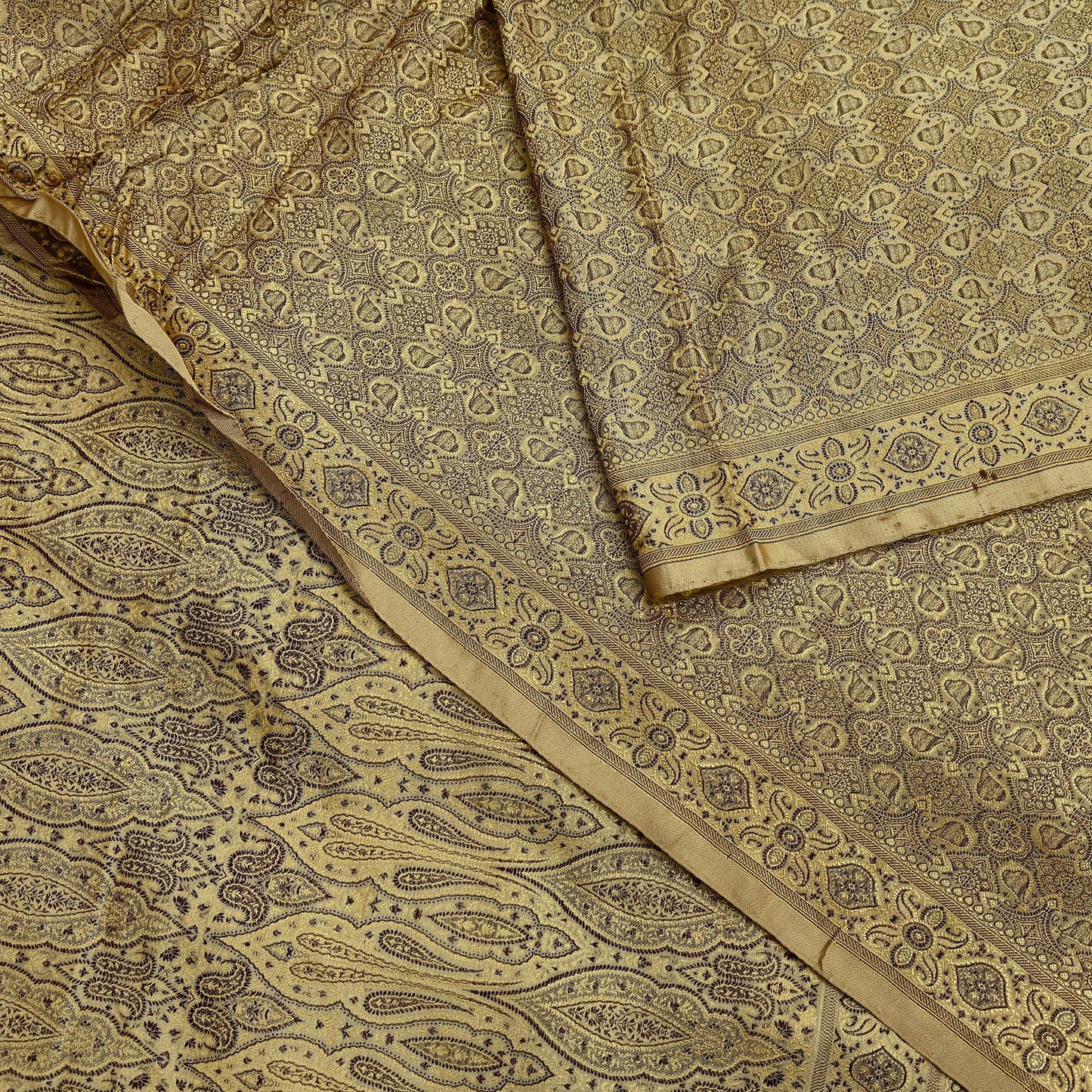 Indian Vintage Sari Beige Heavy Pure Satin Silk Hand Woven Tanchoi Sarees Ethnic Wear 5Yd Paisley Craft Fabric Dress Making Crafting