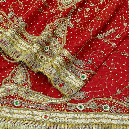 Indian Vintage Heavy Bridal Red Dupatta Pure Chiffon Silk Long Stole Hand Embroidered Scarf Zardozi/Dabka Zari Sequins Wedding Veil Hijab
