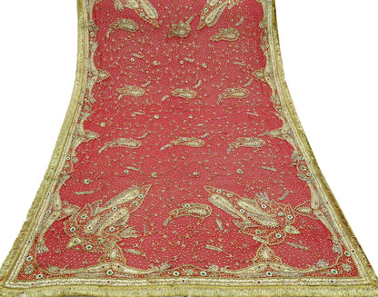 Indian Vintage Heavy Bridal Red Dupatta Pure Chiffon Silk Long Stole Hand Embroidered Scarf Zardozi/Dabka Zari Sequins Wedding Veil Hijab