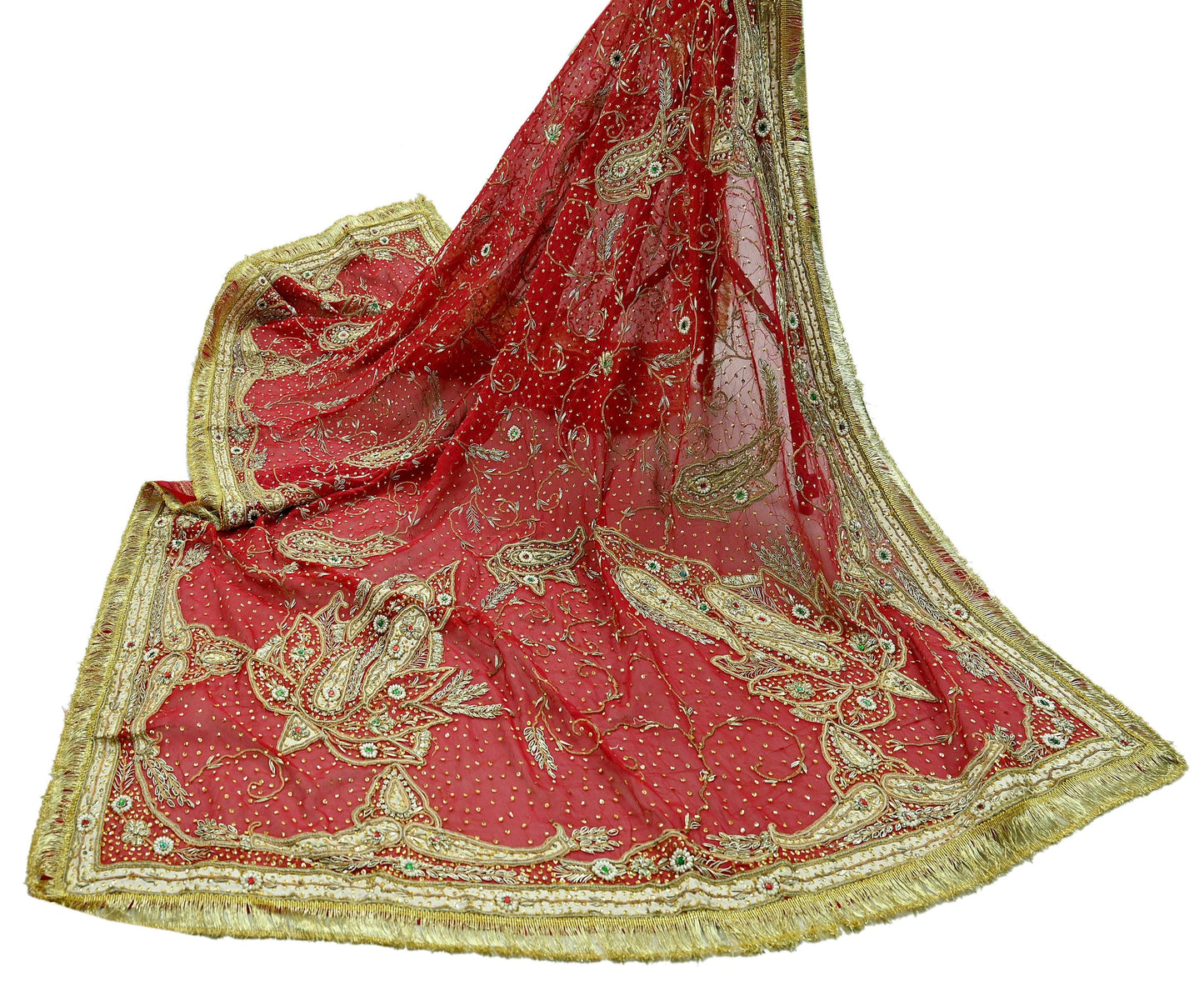 Indian Vintage Heavy Bridal Red Dupatta Pure Chiffon Silk Long Stole Hand Embroidered Scarf Zardozi/Dabka Zari Sequins Wedding Veil Hijab