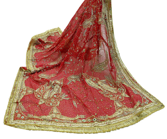 Indian Vintage Heavy Bridal Red Dupatta Pure Chiffon Silk Long Stole Hand Embroidered Scarf Zardozi/Dabka Zari Sequins Wedding Veil Hijab