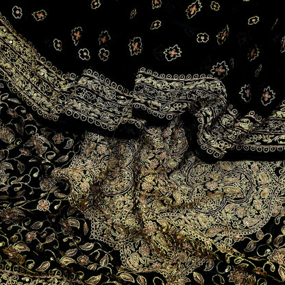 Indian Vintage Heavy Black Dupatta Pure Georgette Silk Long Stole Hand Embroidered Designer By Ritu Kumar Scarves Scarf Zari Zardozi