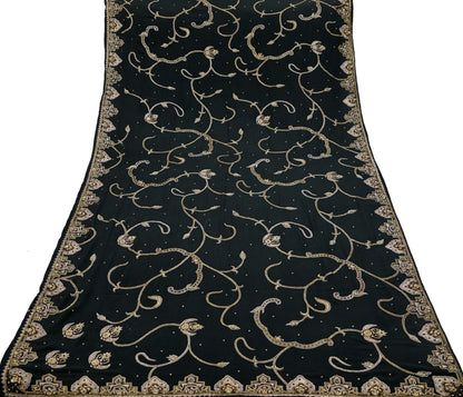 Indian Vintage Heavy Black Dupatta Pure Crepe Silk Long Stole Hand Embroidered Scarves Dabka Zardozi Zari Stole
