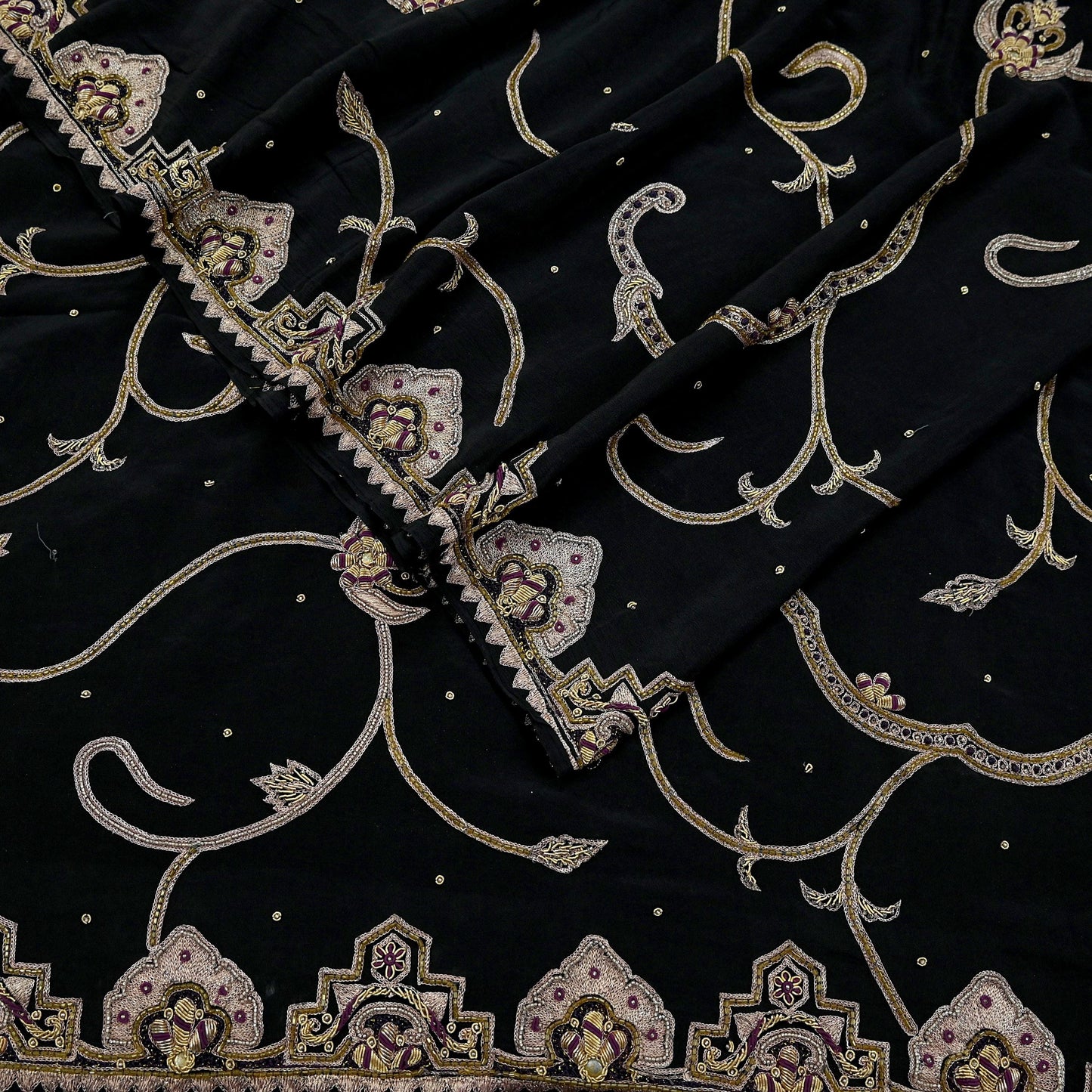 Indian Vintage Heavy Black Dupatta Pure Crepe Silk Long Stole Hand Embroidered Scarves Dabka Zardozi Zari Stole