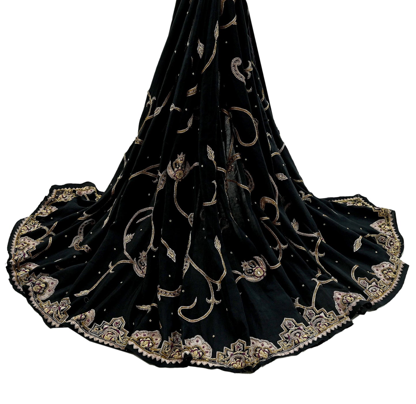 Indian Vintage Heavy Black Dupatta Pure Crepe Silk Long Stole Hand Embroidered Scarves Dabka Zardozi Zari Stole