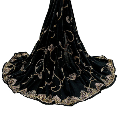 Indian Vintage Heavy Black Dupatta Pure Crepe Silk Long Stole Hand Embroidered Scarves Dabka Zardozi Zari Stole