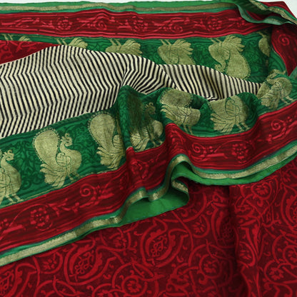 Women Indian Vintage Sari Red & Green Pure Georgette Silk Block Printed Sarees Craft Fabric Sewing 5Yd Dress Making Quilting Crafting Zari