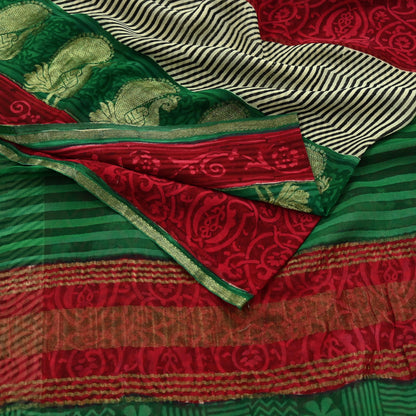 Women Indian Vintage Sari Red & Green Pure Georgette Silk Block Printed Sarees Craft Fabric Sewing 5Yd Dress Making Quilting Crafting Zari