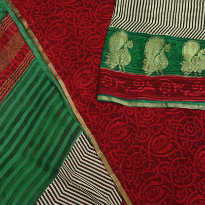 Women Indian Vintage Sari Red & Green Pure Georgette Silk Block Printed Sarees Craft Fabric Sewing 5Yd Dress Making Quilting Crafting Zari