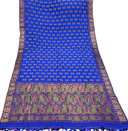 Indian Antique Vintage Heavy Blue Dupatta Pure Silk Long Stole Hand Woven Assam Scarves Veil Scarf Zari Fringes
