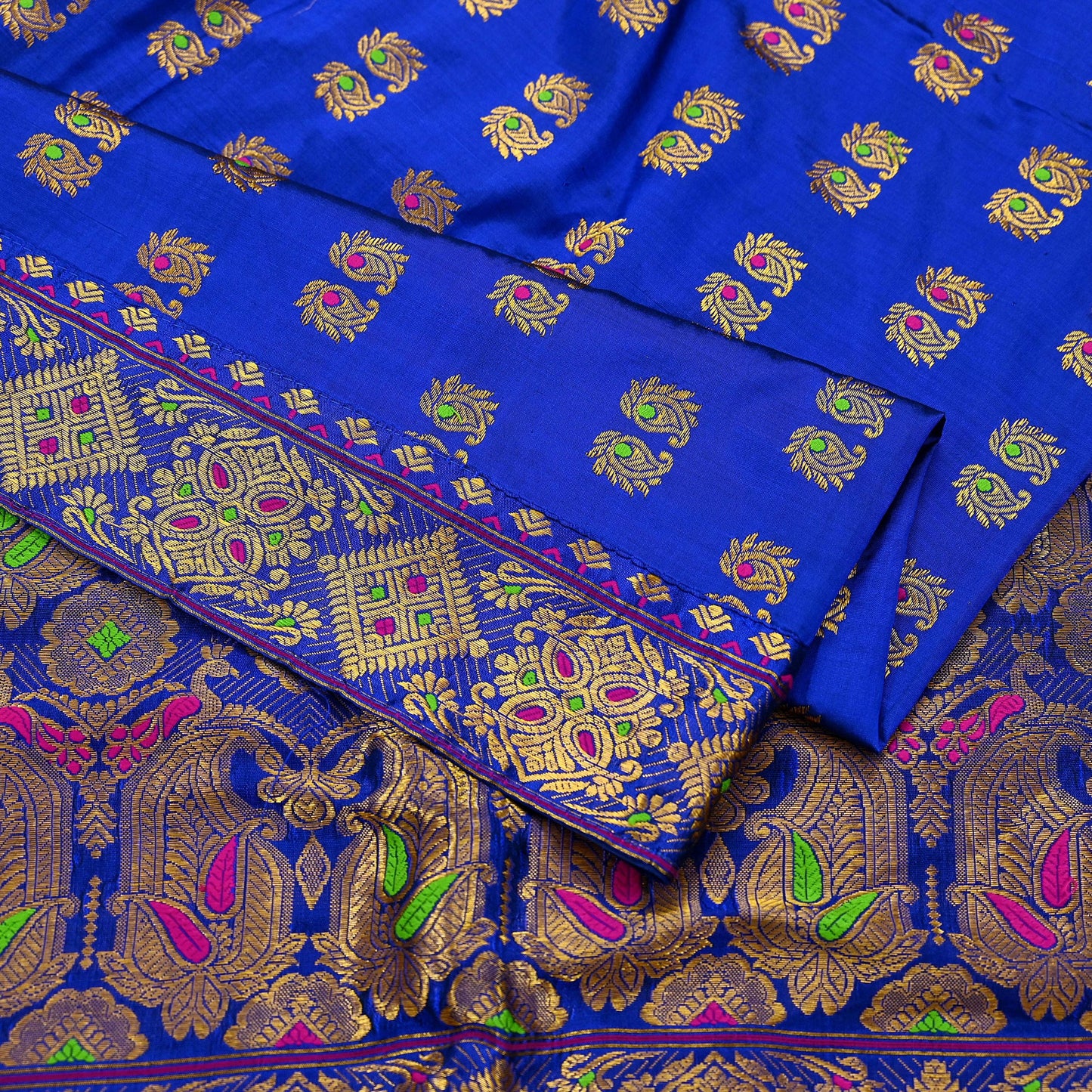 Indian Antique Vintage Heavy Blue Dupatta Pure Silk Long Stole Hand Woven Assam Scarves Veil Scarf Zari Fringes