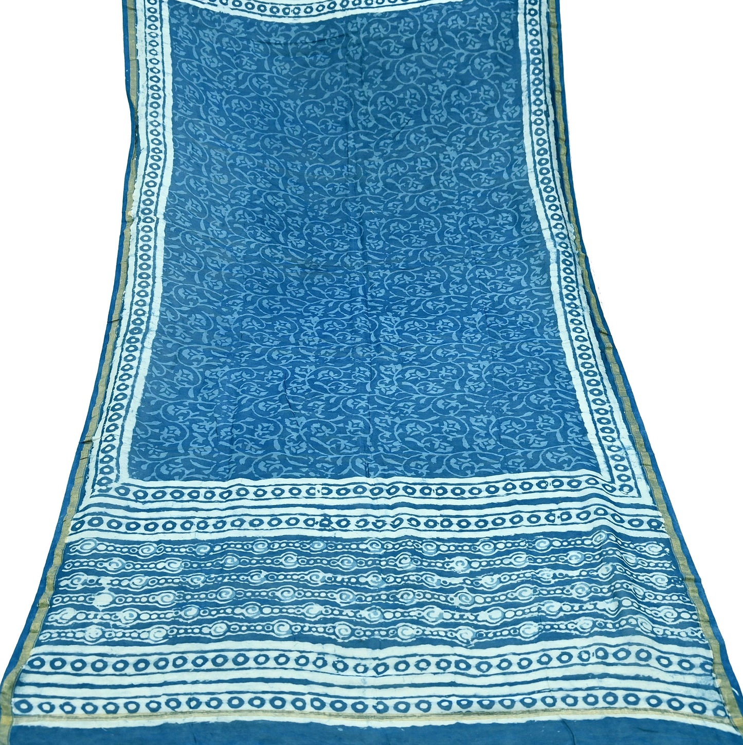 Indian Vintage Dupatta Blue Dupatta Long Stole Block Print Pure Chanderi Silk Scarves Veil Golden Zari