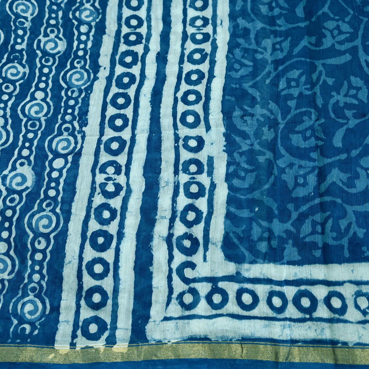Indian Vintage Dupatta Blue Dupatta Long Stole Block Print Pure Chanderi Silk Scarves Veil Golden Zari