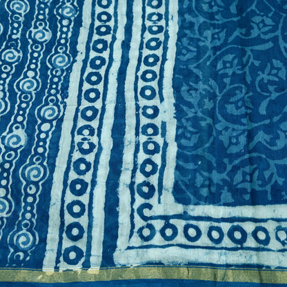 Indian Vintage Dupatta Blue Dupatta Long Stole Block Print Pure Chanderi Silk Scarves Veil Golden Zari
