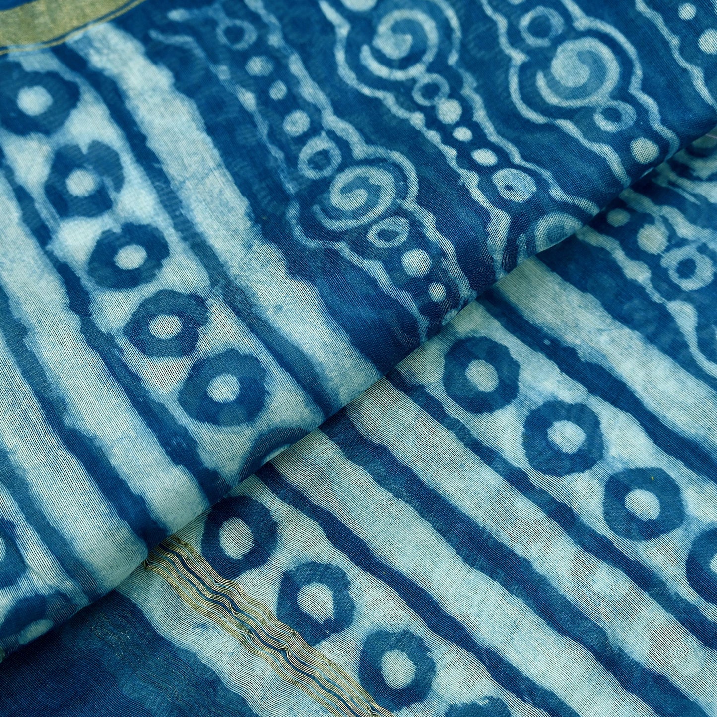 Indian Vintage Dupatta Blue Dupatta Long Stole Block Print Pure Chanderi Silk Scarves Veil Golden Zari