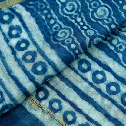 Indian Vintage Dupatta Blue Dupatta Long Stole Block Print Pure Chanderi Silk Scarves Veil Golden Zari